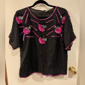 Vintage 80’s Avalon 100% Silk Sequined Black and Pink Blouse Top Size XL